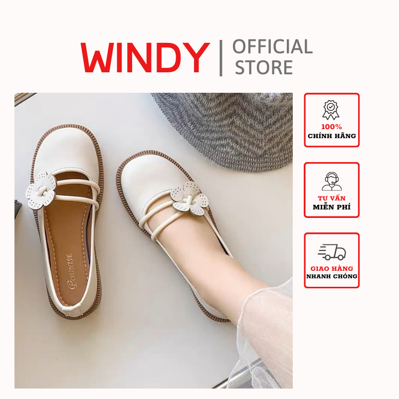 Giày búp bê windy lolita cài hoa chất da mềm mị cổ thấp êm chân bb-0213