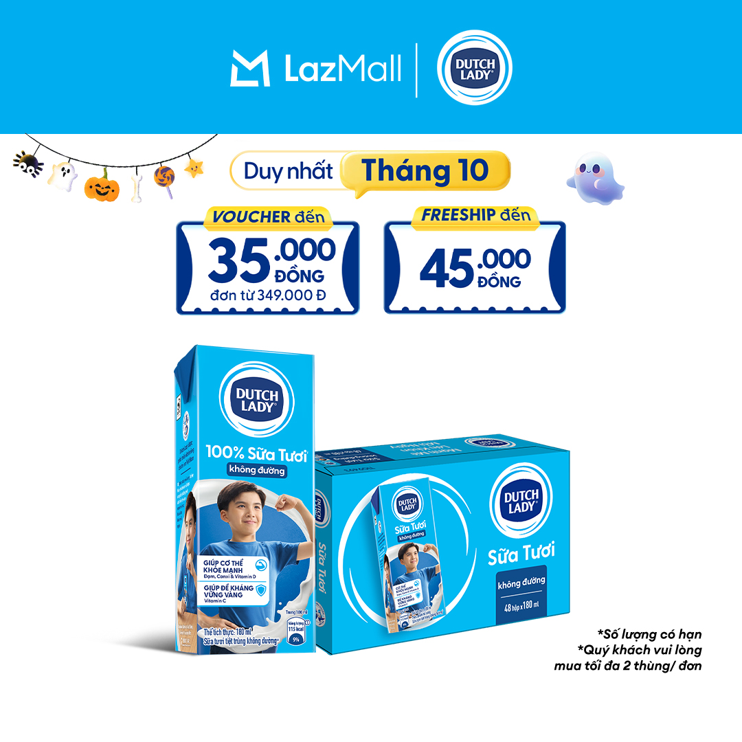 Thùng 48 Hộp Sữa Tươi Tiệt Trùng Dutch Lady Cô Gái Hà Lan Không Đường 180ml (48x180ml)