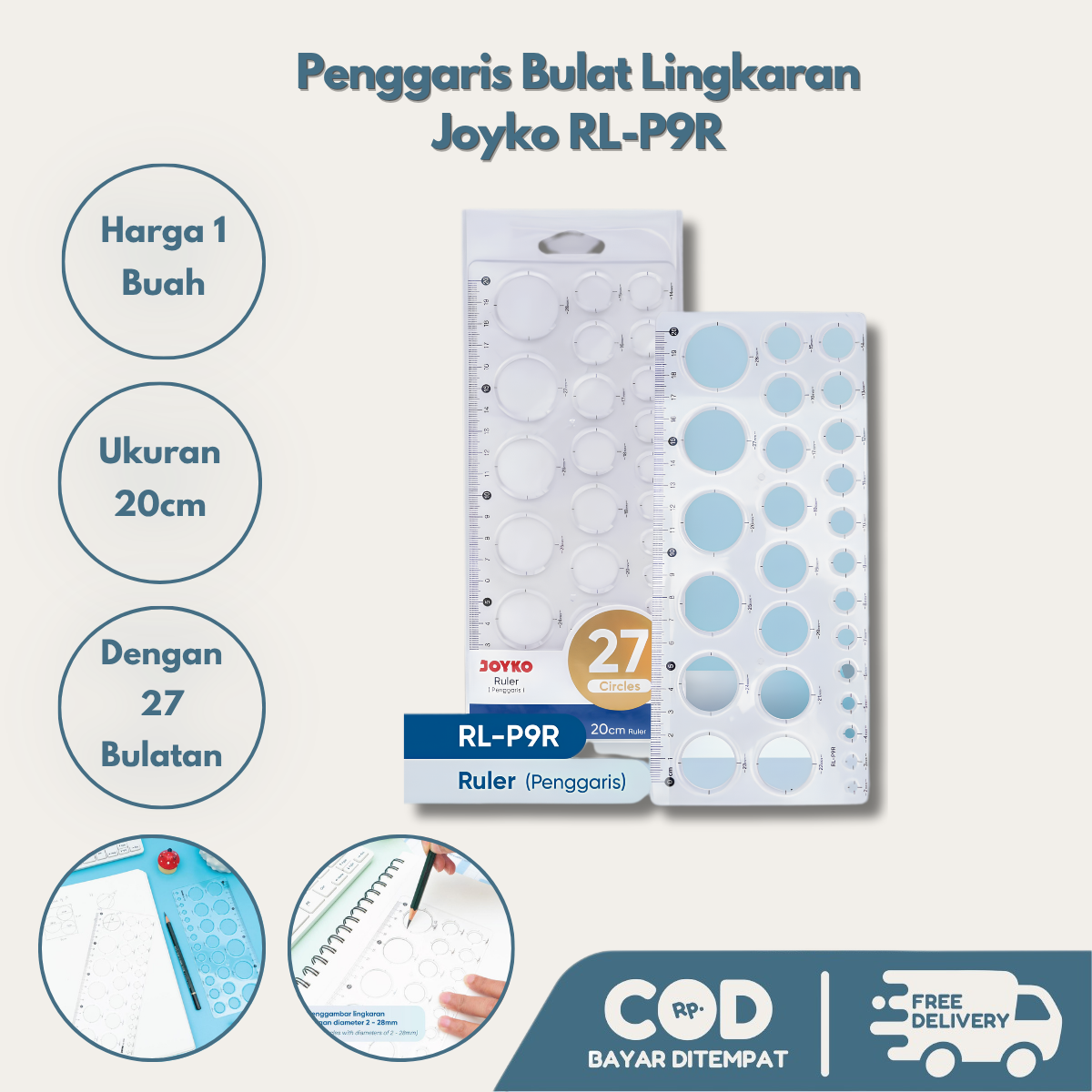 Penggaris Mal Lingkaran Joyko RL-P9R 20cm | Circle Template 27 Ukuran Lingkaran Drawing Ruler