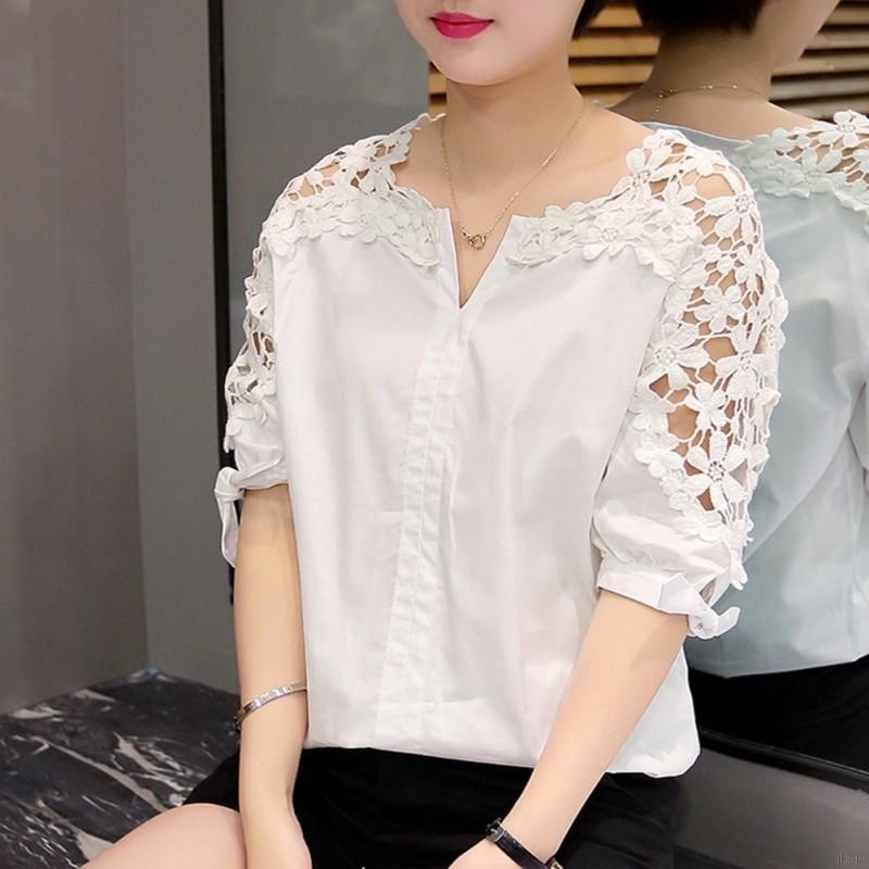 Korean Top Women Lace Summer Lace Hollow Out Casual Blouse Oversized Shirt Office Tops
