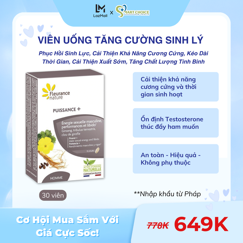 Viên Uống Cải Thiện Sinh Lý Nam FLEURANCE NATURE Puissance+ Hộp 30 viên - Phục Hồi Sinh Lực, Cải Thiện Khả Năng Cương Cứng, Kéo Dài Thời Gian Hạn Chế Tình Trạng Xuất Tinh Sớm, Tăng Chất Lượng Tinh Dịch