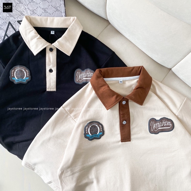 Áo Thun Polo Unisex VERNI màu ĐEN/TAN form rộng  Chất thun da cá form nam nữ unisex/Áo thun có cổ Ja