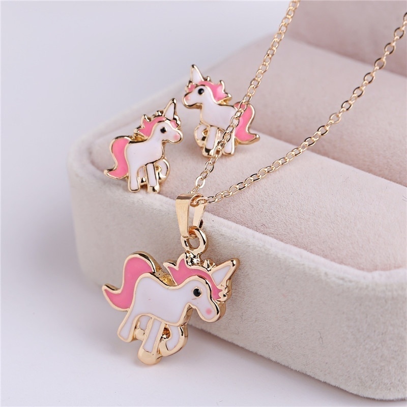 4 trong 1 Trẻ em dễ thương dành cho người lớn Pony bông tai và Bộ vòng cổ Kỳ Lân hoạt hình vòng cổ bông tai đồ trang sức cô gái màu hồng Món quà trang sức giáng sinh
