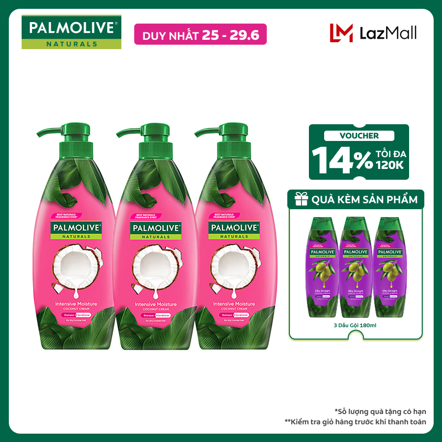[Chỉ 25-29.6_Mua 3 tặng 3 Gội 180ml] Bộ 3 Dầu gội Palmolive kèm xả 2-trong-1 chiết xuất thiên nhiên 600ml
