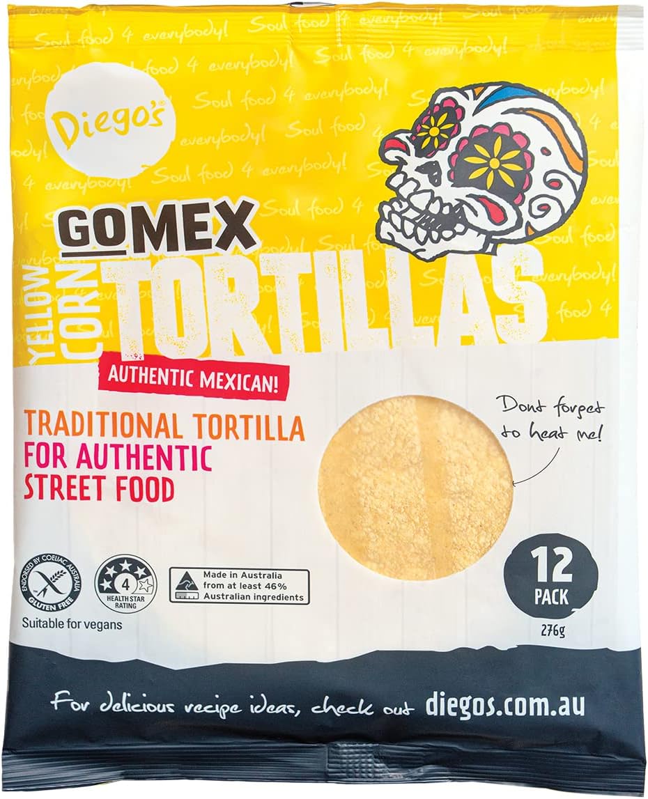 Vỏ Tortilla Ăn Kiêng Ngô Vàng Diego's Yellow Corn Tortillas Vegan Size 15cm, Gói 276g (Gói 12 Vỏ)