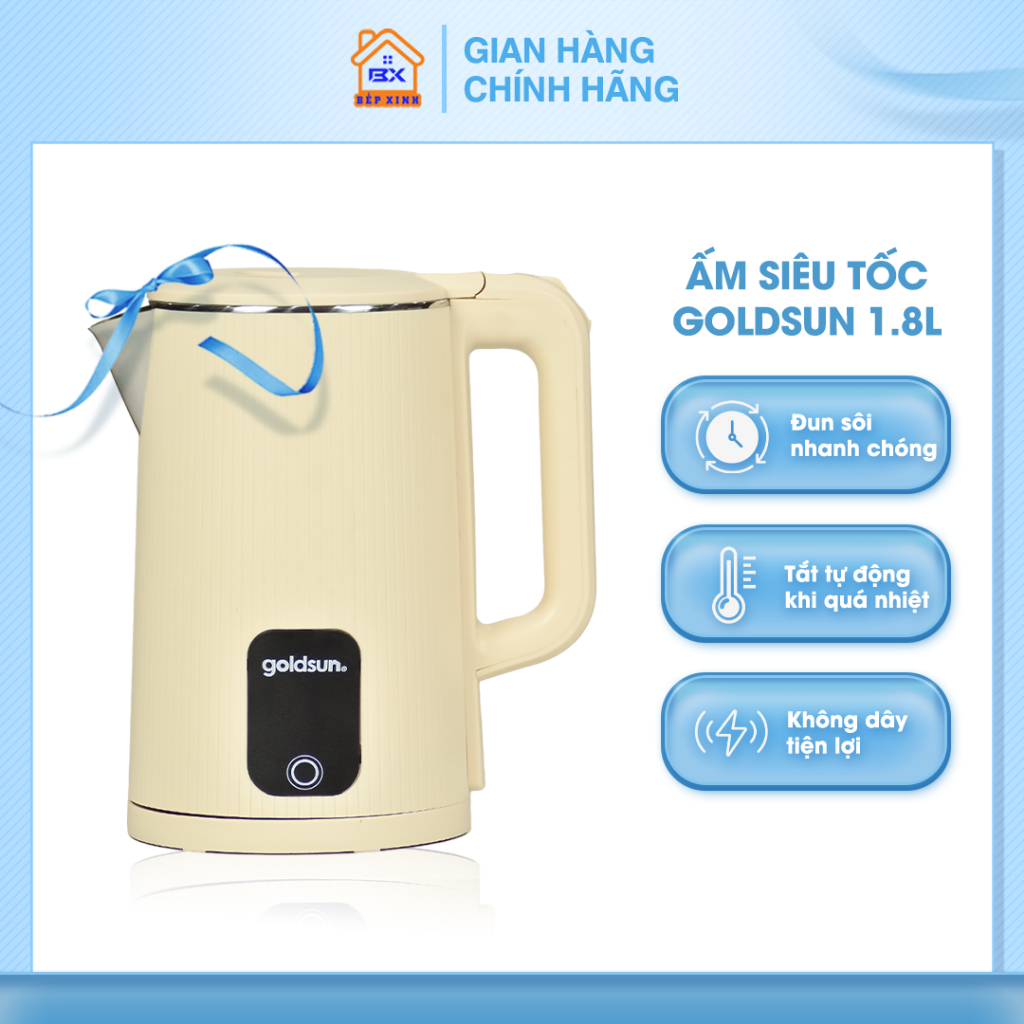 Ấm Siêu Tốc Goldsun GKT2611 Đồ Gia Dụng Bếp Xinh Đun Siêu Tốc 2 Lớp Dung Tích 1.8L Cách Nhiệt Tự Ngắt Khi Sôi