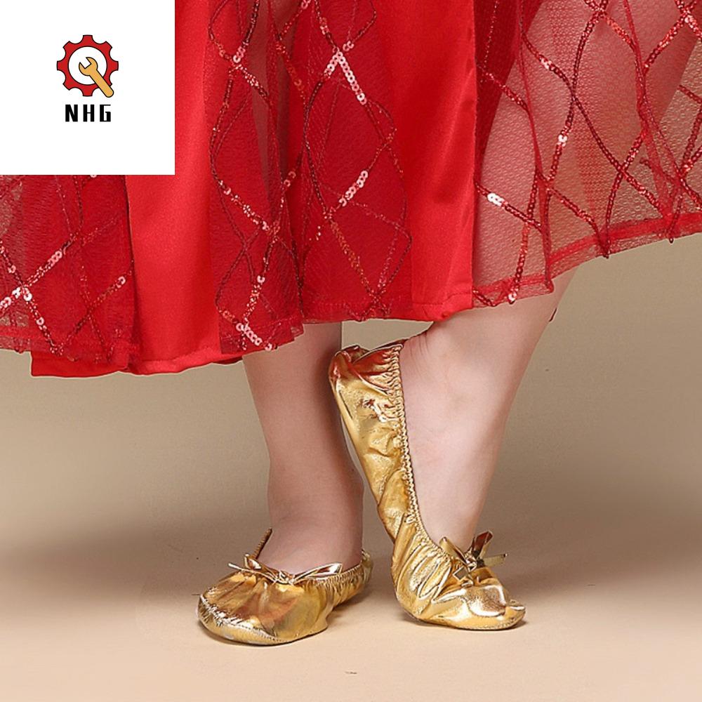 NHG Vàng Giày múa bụng Da Nơ Giày búp bê Chuyên nghiệp Mũi tròn Giày khiêu vũ Ấn Độ Bé gái