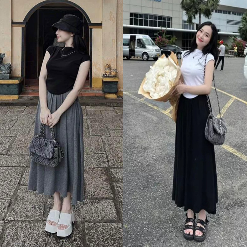 Set bộ váy áo rúm eo chân váy vạt bầu tay dơi chân váy xòe co dãn siêu xinh