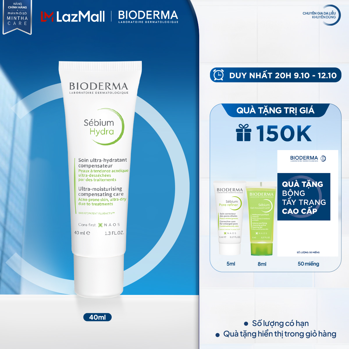 Kem dưỡng ẩm giảm khô căng, bong tróc cho da mụn Bioderma Sebium Hydra - 40ml