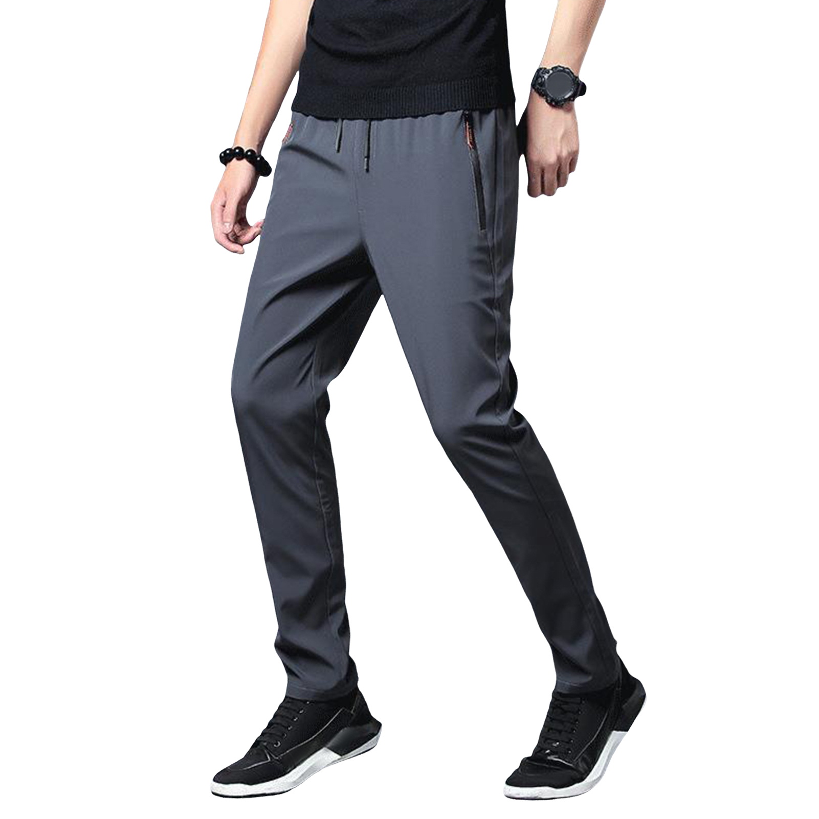 UHH Men Casual Pants Men Pants Men's Ice Silk Quick-dry Slim Fit Sport Pants with Side Zipper Pockets Plus Size Drawstring Elastic Waist Jogging Sweatpants for Gym Training and Outdoor Activities - 1