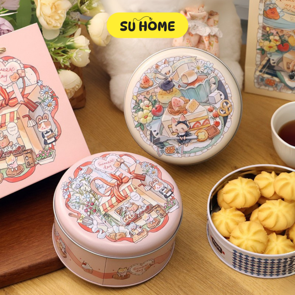 Hộp Thiếc Đựng Bánh Quy Hình Tròn Dễ Thương – Hộp Đựng Bánh Kẹo Quà Tặng 800ml