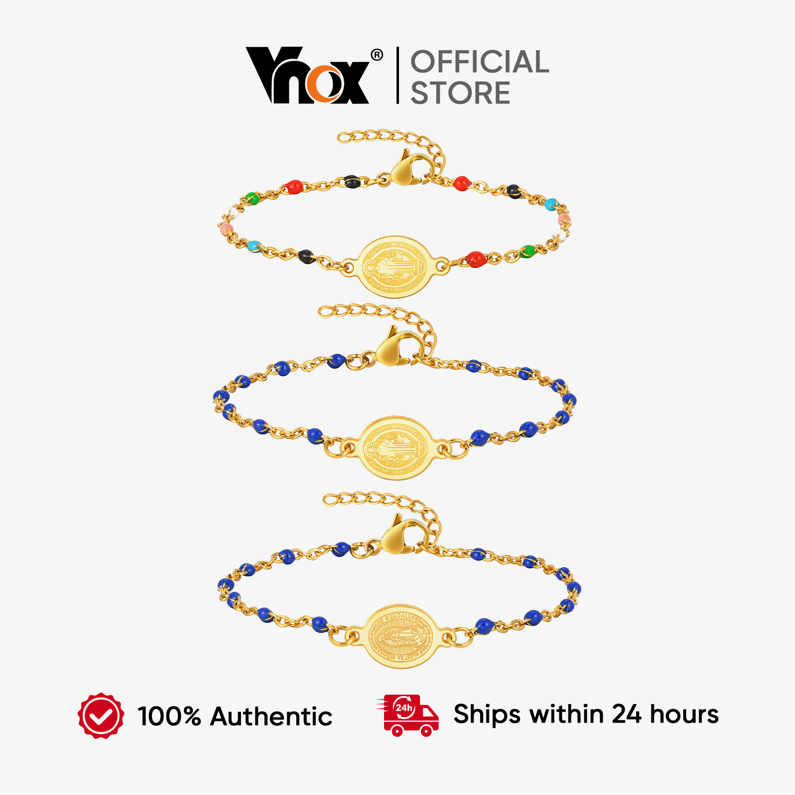 Vnox Classic Blue Rice Bead Chain Madonna Elliptical, Durable and Anti-Allergic Jewelry for Women ราคา 45 บาท*ส่งฟรี