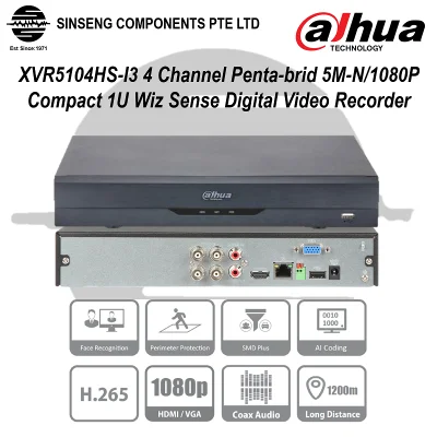 Dahua XVR5104HS-I3 4CH XVR [Penta-brid 5M-N/1080P Compact 1U WizSense 4 Channel Digital Video Recorder (DVR) PC-Mobile APP:iDMSS Lite/DMSS]