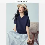 GIORDANO Women T-Shirts 100% Cotton French Terry Tee V-Neck Short Sleeve Fashionable Casual Loose T-Shirts 13326273