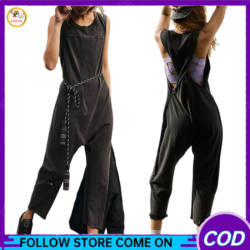 Women's Round Neck Jumpsuits Summer Sleeveless Loose Fit Sports Jumpsuits Casual Long Pants Rompers Overalls