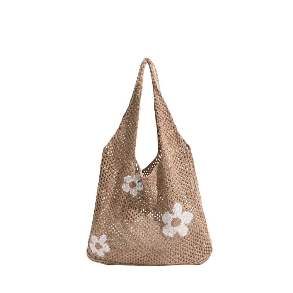 HUAN Dung lượng lớn Túi Tote Dệt  Vai đơn Thiết kế Openwork Túi xách hoa Phong cách cổ điển Kết cấu lưới Túi đeo vai bằng lưới Túi mua sắm - 2