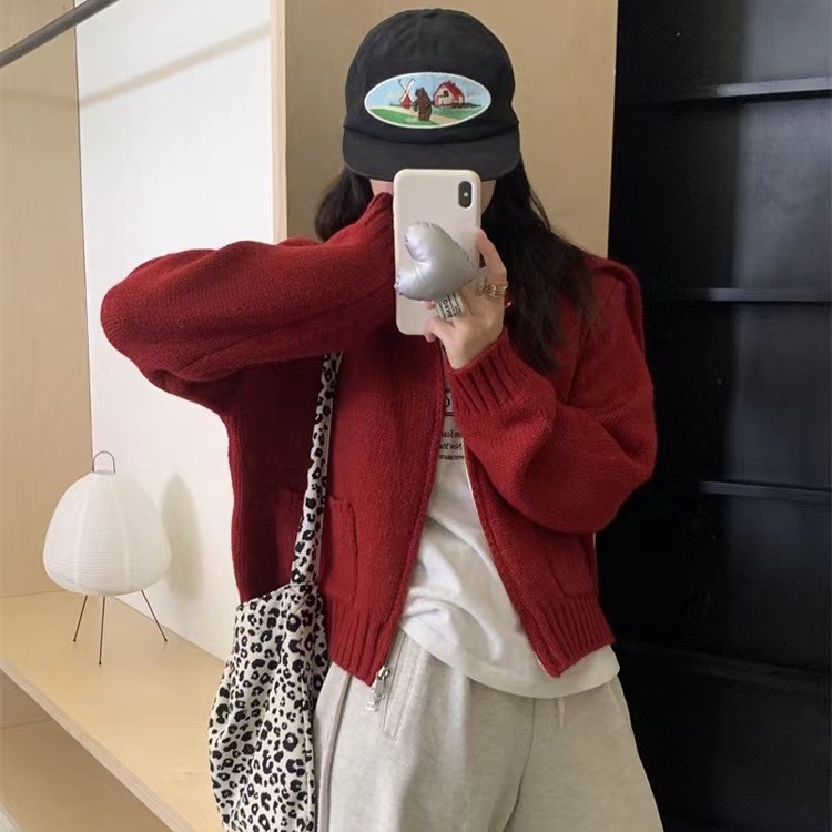 R Large Lapel Zipper Sweater Coat for Women 2023 Autumn and Winter Knitting Cardigan Idle Style Sailor Collar Fashionable Jacket
