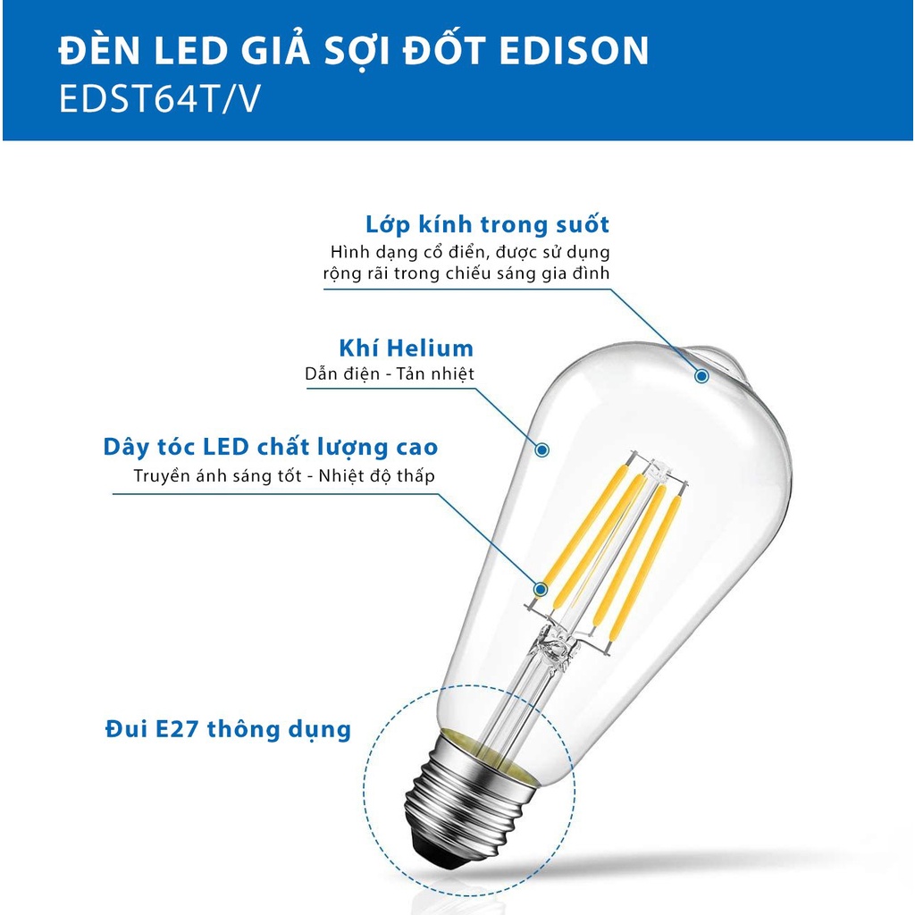 Bóng đèn led edison giả sợi đốt 4w, 6w kb electric