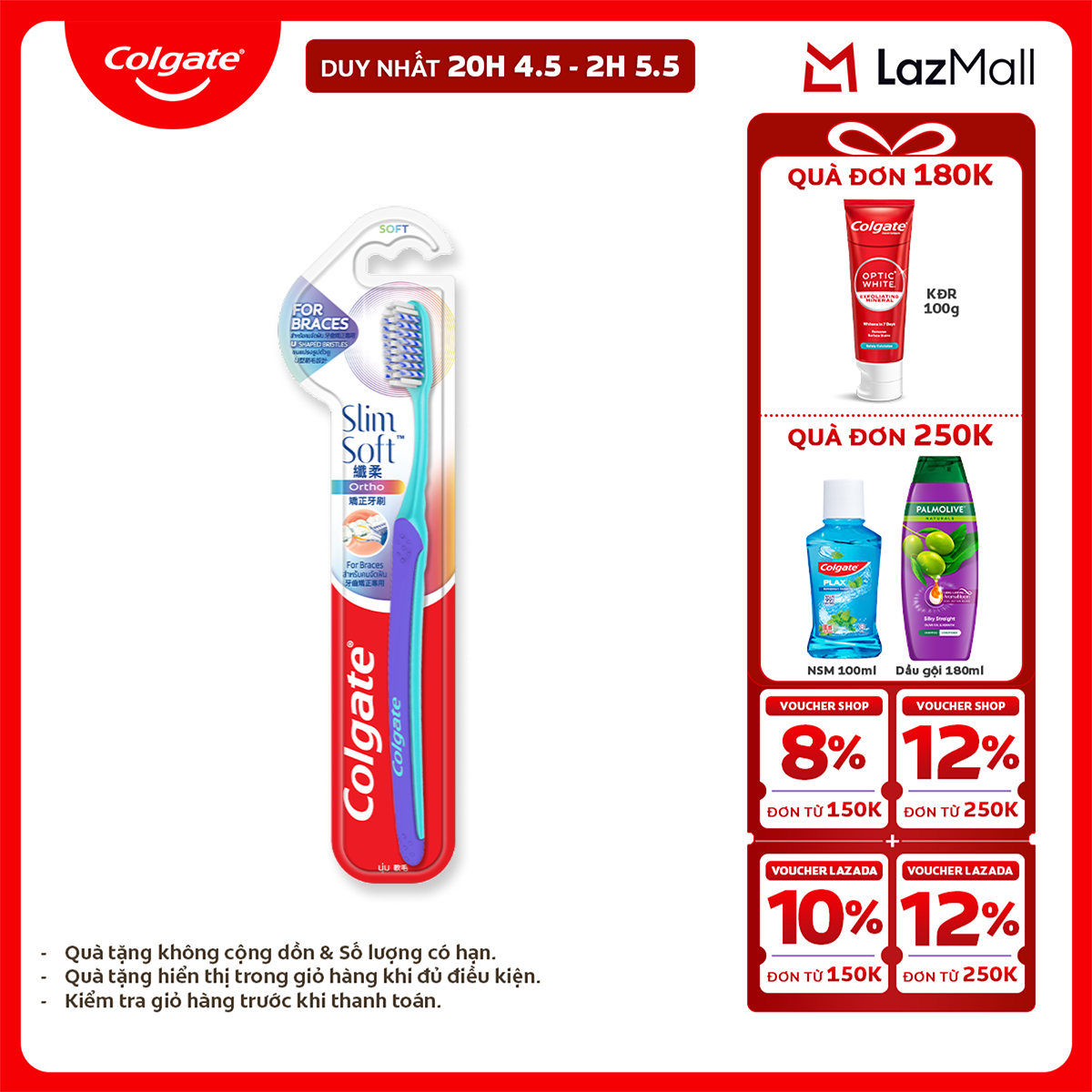 [Chỉ 25-29.4_X2 Voucher giảm 20%] Bàn chải Colgate Slimsoft Ortho lông chải mềm mại xếp hình U cho người niềng răng