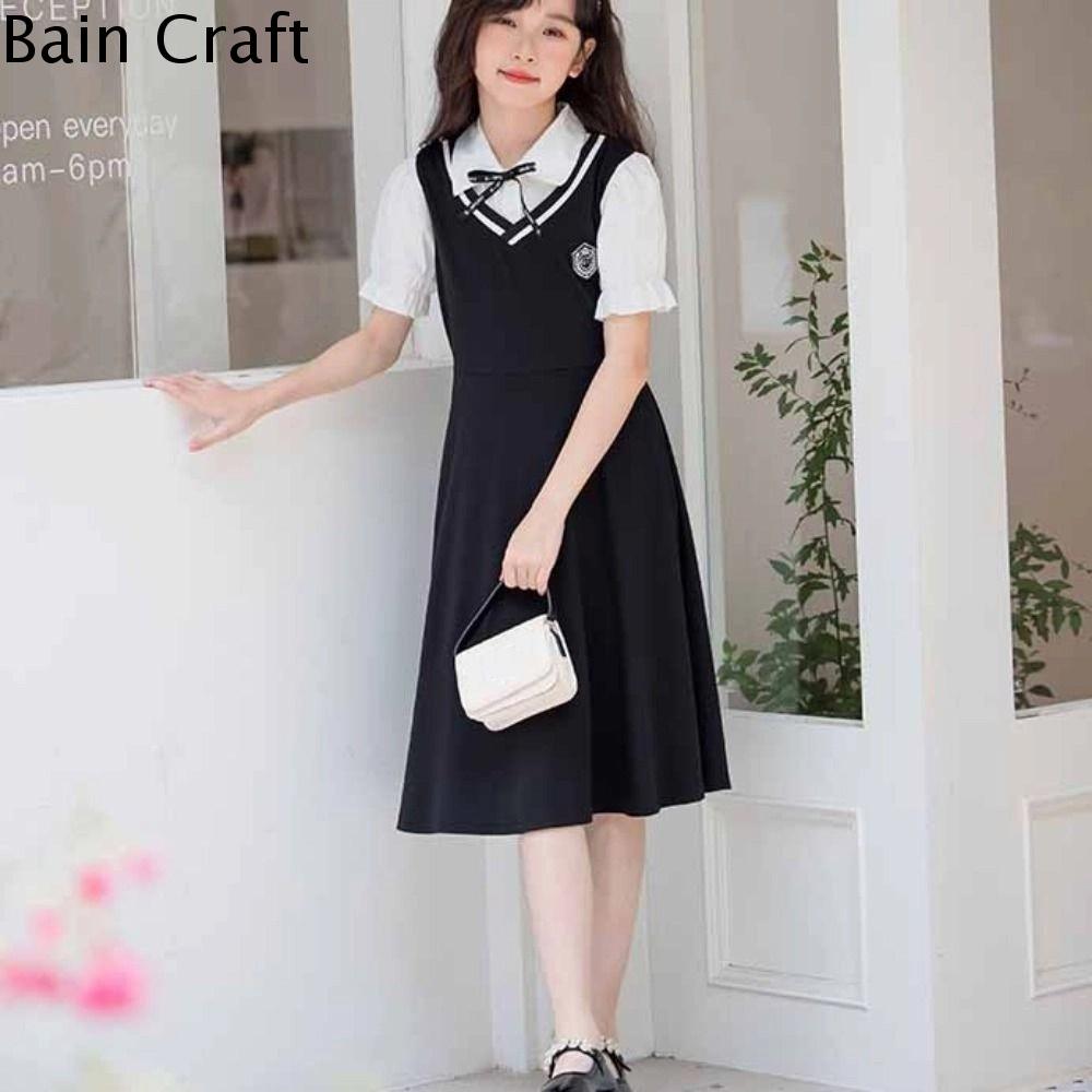 BAIN Xếp nếp Váy hai lớp giả cho bé gái Tay áo ngắn Phong cách Preppy Váy A-line cho trẻ em Thanh lịch Kỳ nghỉ ở bãi biển Váy mùa hè cho trẻ em Tiệc tùng
