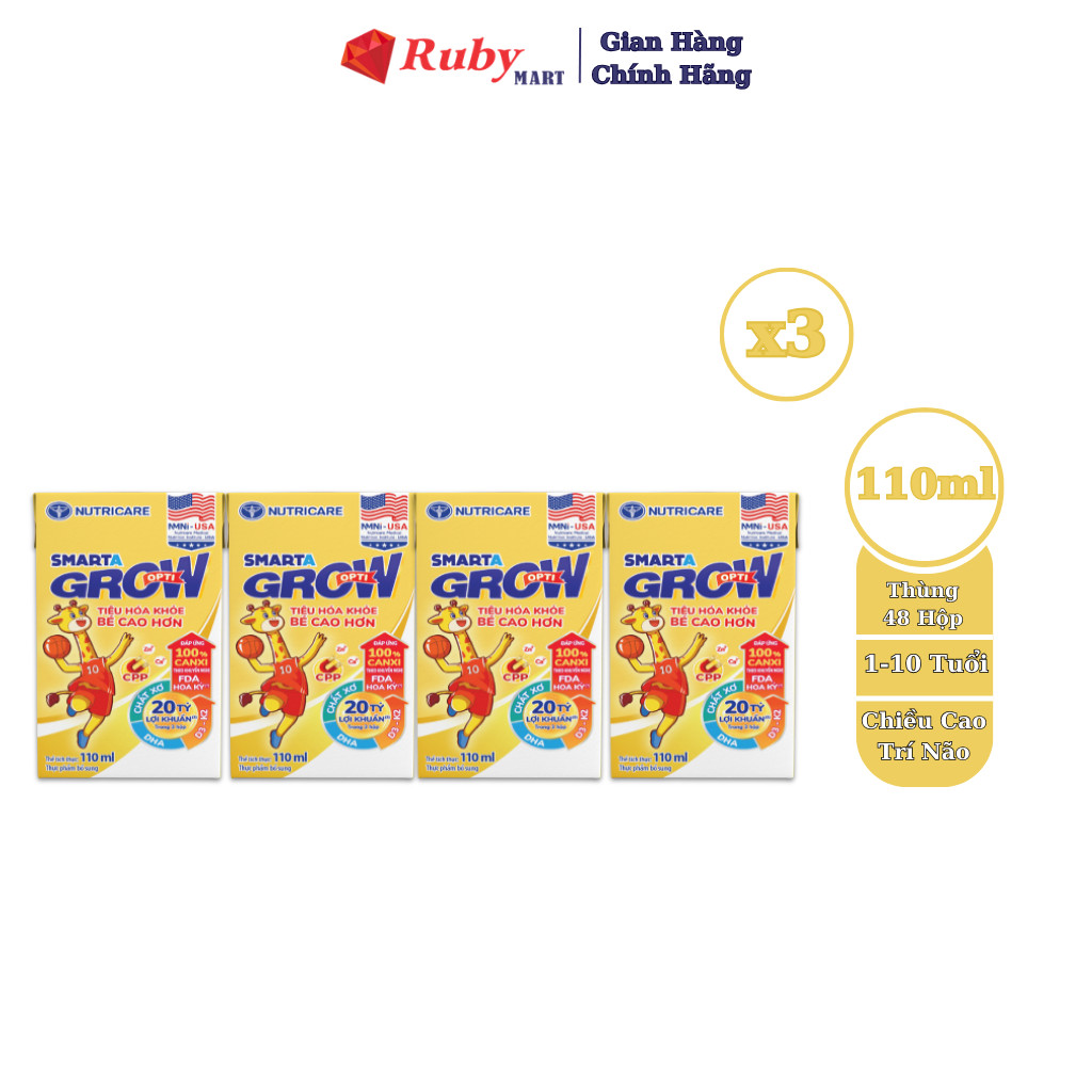 Combo 3 Lốc 4 hộp sữa bột pha sẵn Nutricare Smarta Grow Opti 110ml dinh dưỡng cho trẻ thấp còi