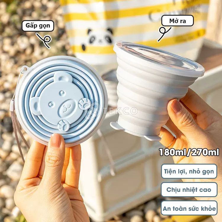 Cốc Silicon Gấp Gọn Du Lịch Có Nắp Đậy - Ly Uống Nước Xếp Gọn Bằng Silicone Có Dây Treo