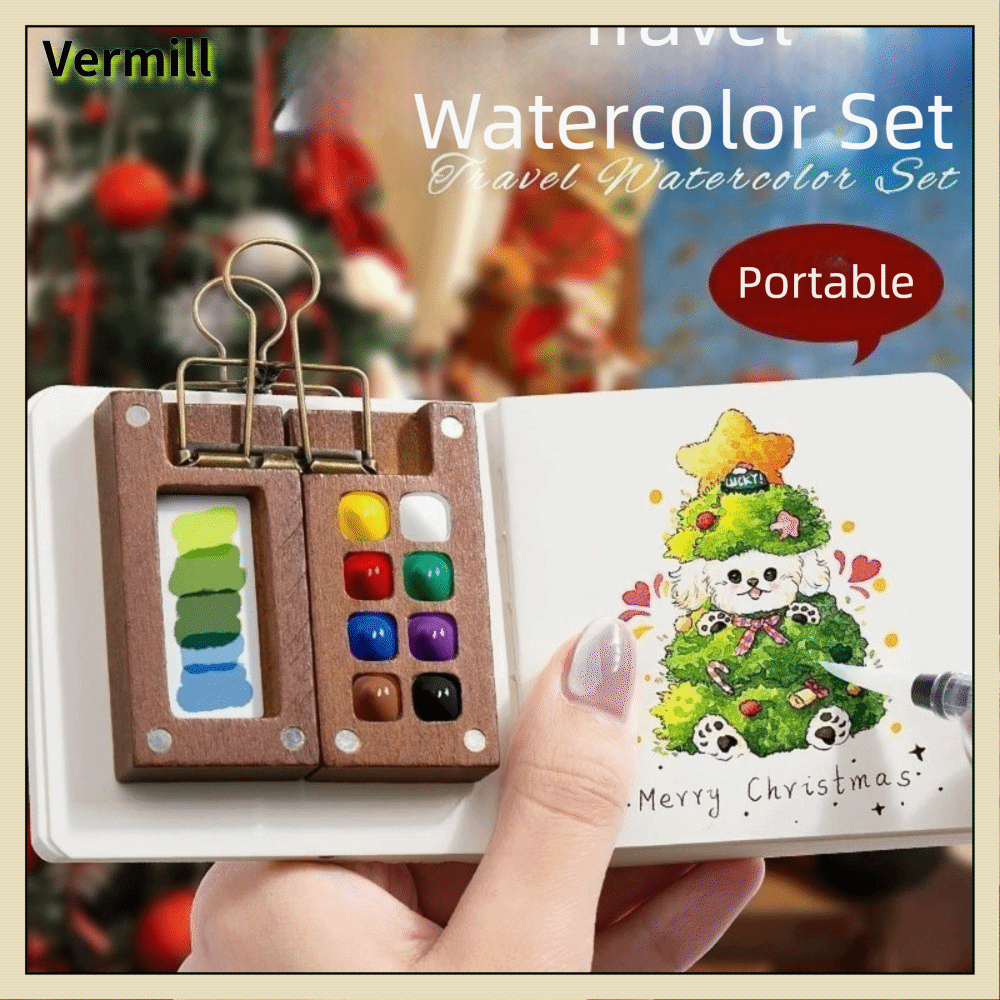 VERMILL 15 ô Bảng màu bỏ túi Quả óc chó 8 ô lưới Bộ màu nước mini Kích thước nhỏ Bộ màu nước bằng gỗ Du lịch