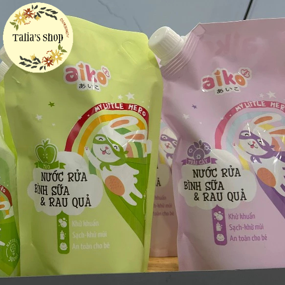 Có 2 hương - túi bọt rửa bình sữa và rau quả aiko 650ml