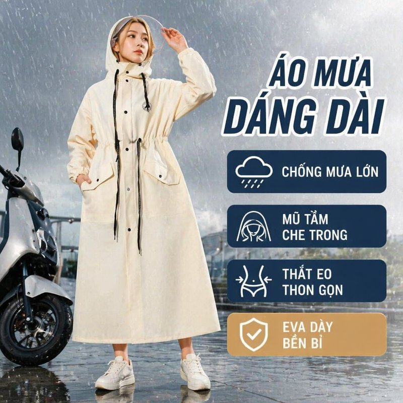 Áo mưa EVA chống thấm đi xe máy dáng dài mũ trong suốt dây rút eo bo chun cổ tay thoáng nhẹ size M L XL