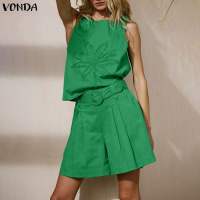 VONDA Women Two-piece Outfits Holiday O-Neck Button Minimalist Sleeveless Embroidery Tank Wide Leg Shorts Sets #0518