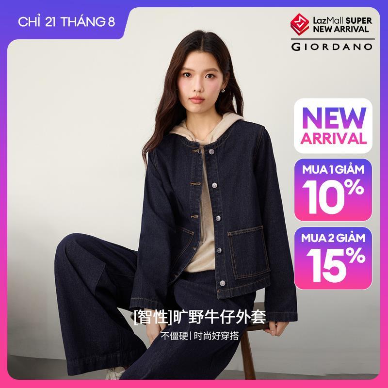 GIORDANO Women Jackets Topstitch Round Neck Denim Jackets Double Pockets Fashionable Casual Loose Denim Jackets 13376803
