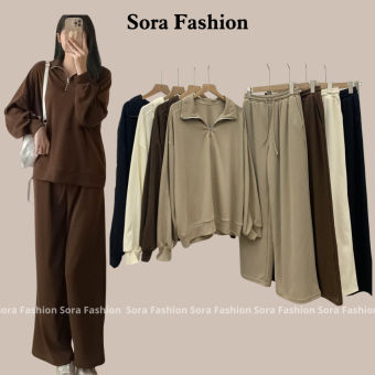 Set Bộ Nữ Thu Đông Bigsize Sora Fashion,Set Áo Nỉ Tăm Cổ Khóa Kèm Quần Culottes Chất Liểu Nỉ Tăm 122