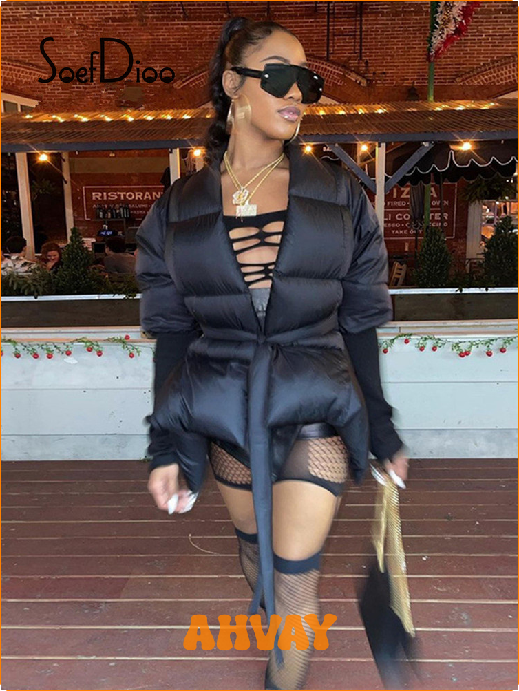 [AHVAY] Soefdioo Black Woman Winter Coats 2021 Thick Warm Jacket Waist Down Cotton Padded Outwear with Belt Women's Parka Loose Jacket ☆ ราคา  1,782 บาท*ส่งฟรี