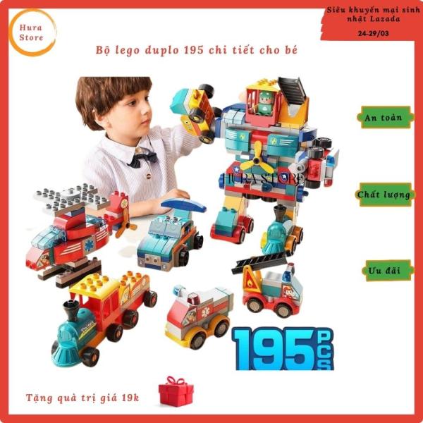 [Freeship+quà19k]bộ lego duplo 195 chi tiết bộ đồ chơi lắp ráp người máy cho bé có thể lắp ghép thành ô tô, máy xúc, xe cẩu - Hura Kid