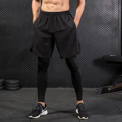 Running Compression Pants Tights Men Sports Leggings Fitness Sportswear Long Trousers Gym Training Pants Skinny Leggings Fake Two Pieces Trousers