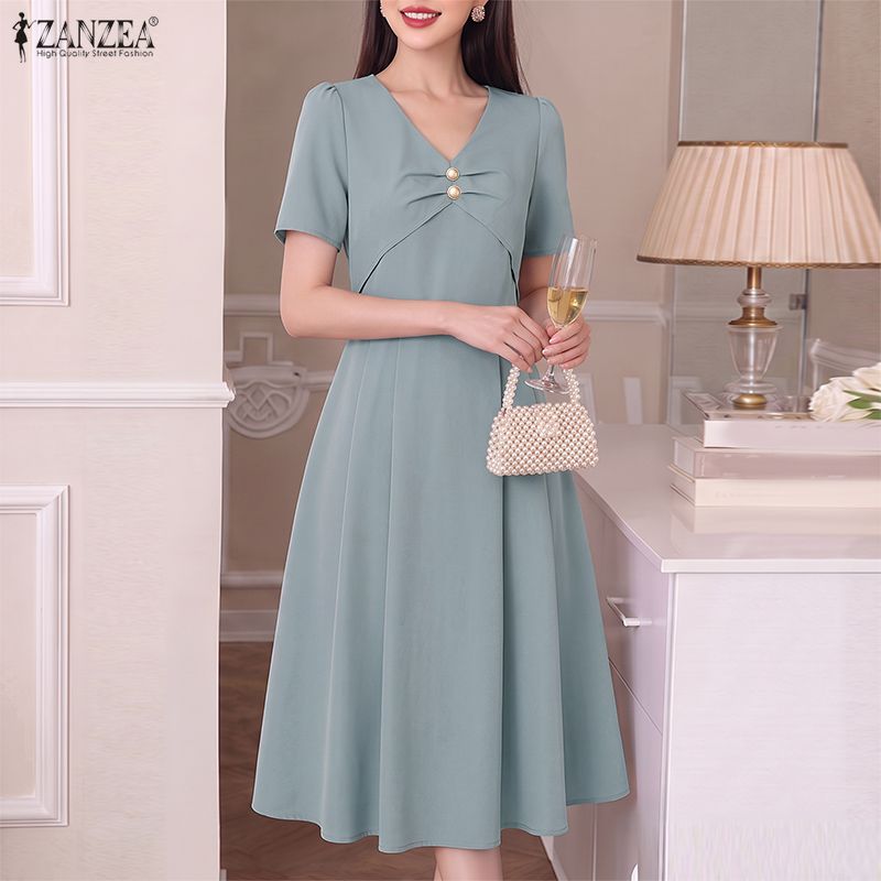 ZANZEA Korean Style Women Elegant Knotted Solid Color Dresses V-Neck Short Sleeve Pleated Midi Dress #0831