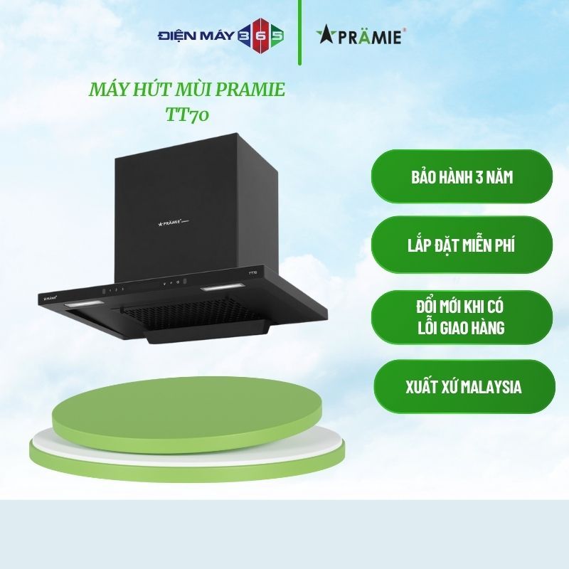 Pramie TT70 – Máy hút mùi áp tường kính cong, công suất 700 m³/h, động cơ đôi 180W, 3 tốc độ