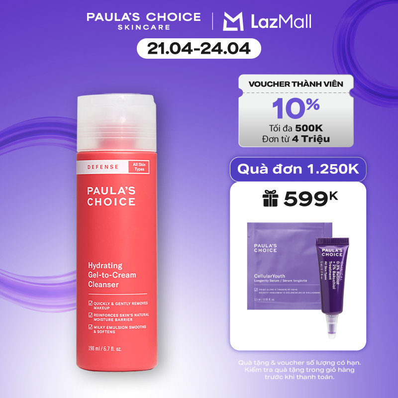 Sữa rửa mặt ngăn ngừa tác hại từ môi trường dành cho mọi loại da Paula’s Choice Defense Hydrating Gel to Cream Cleanser 198ml 2210