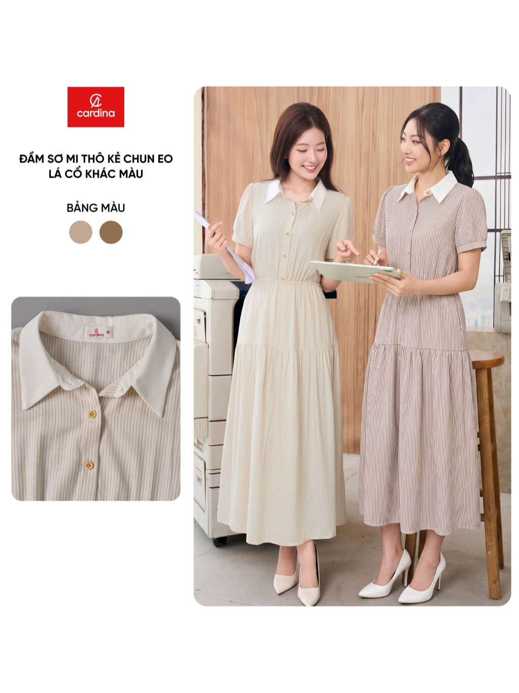 Đầm sơ mi nữ CARDINA chất liệu thô kẻ chun eo lá cổ khác màu 6VAD10