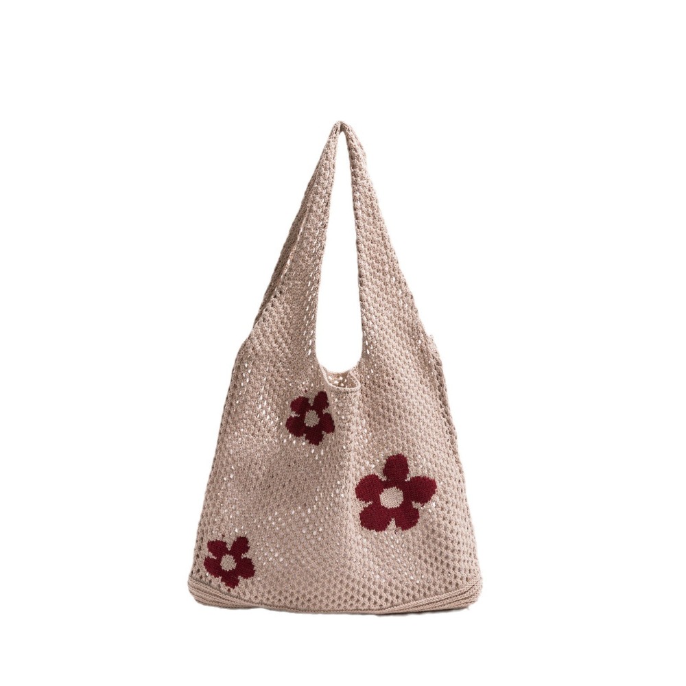 HUAN Dung lượng lớn Túi Tote Dệt  Vai đơn Thiết kế Openwork Túi xách hoa Phong cách cổ điển Kết cấu lưới Túi đeo vai bằng lưới Túi mua sắm - 4