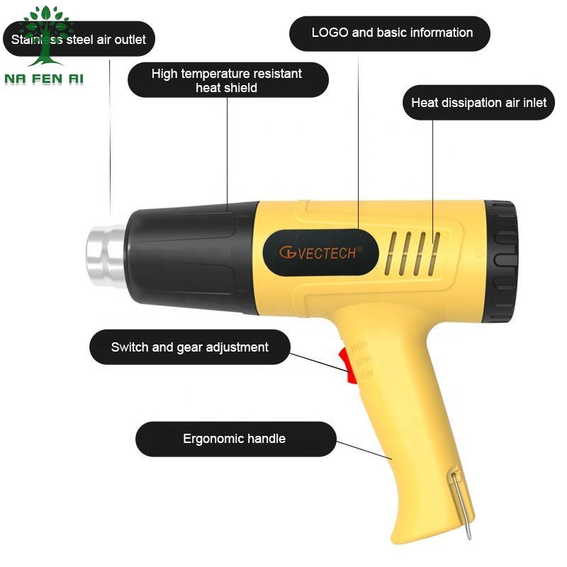 Two speed temperature regulating industrial hot air gun, automotive film sticking tool, baking gun