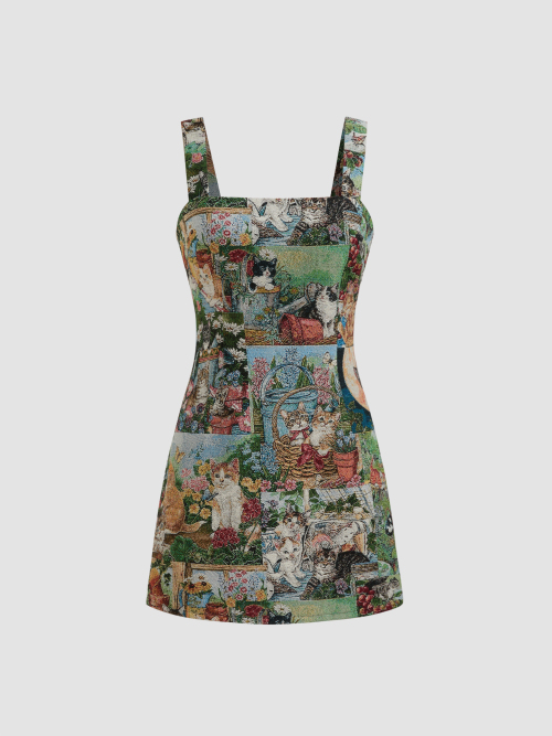 Cider Cotton-blend Square Neck Kitty & Floral Pattern Zipper Mini Dress ราคา 1,080 บาท*ส่งฟรี