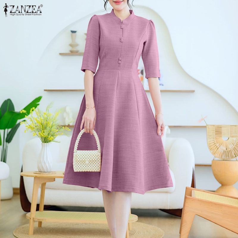 (3 Days Delivery) ZANZEA Korean Style Women Stylish Half Sleeve Stand Collar Decorative Buckle Dresses A-Line Party Midi Plain Dress #F ราคา 256 บาท*ส่งฟรี
