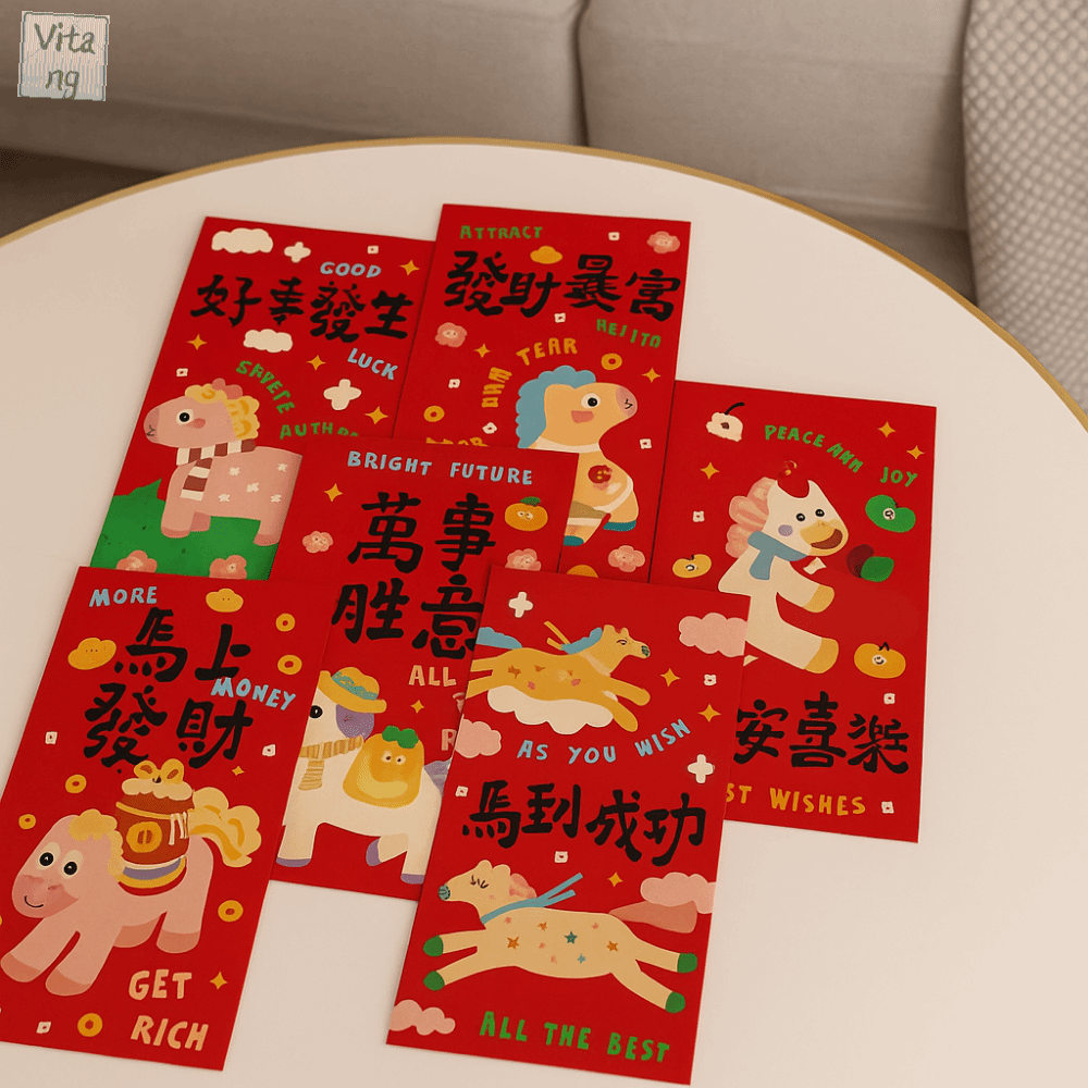 VITANG 6Pcs/Set Phim hoạt hình Phong bì đỏ năm ngựa 2026 Truyền thống Giấy Phong bì đỏ lễ hội mùa xuân Túi quà Lời chúc phúc Phong bì Tết Nguyên Đán cho Tết Nguyên Đán
