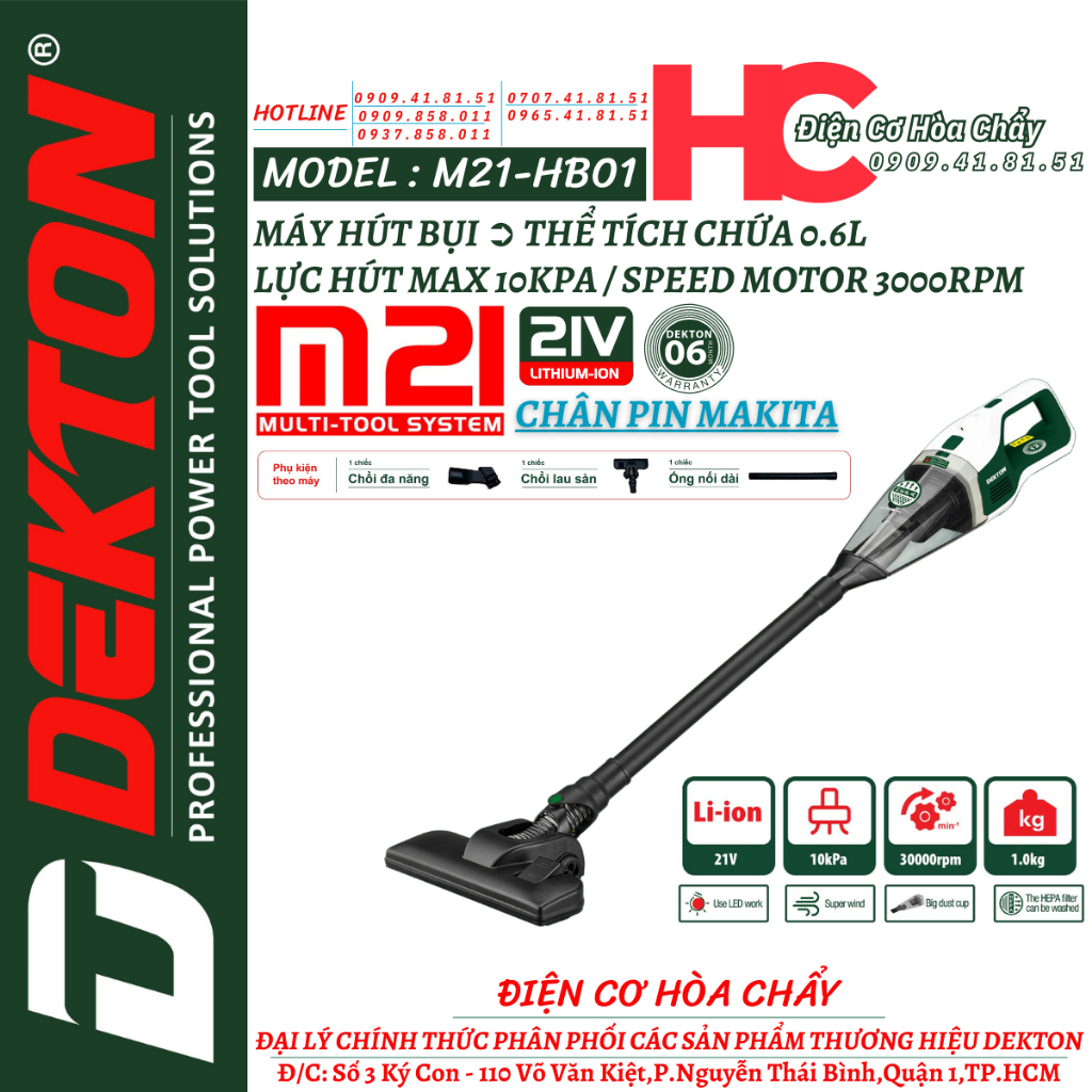 Máy hút bụi cằm tay dùng pin dekton / m21-hb01 / thể tích 0.6l / chân pin phổ thông makita