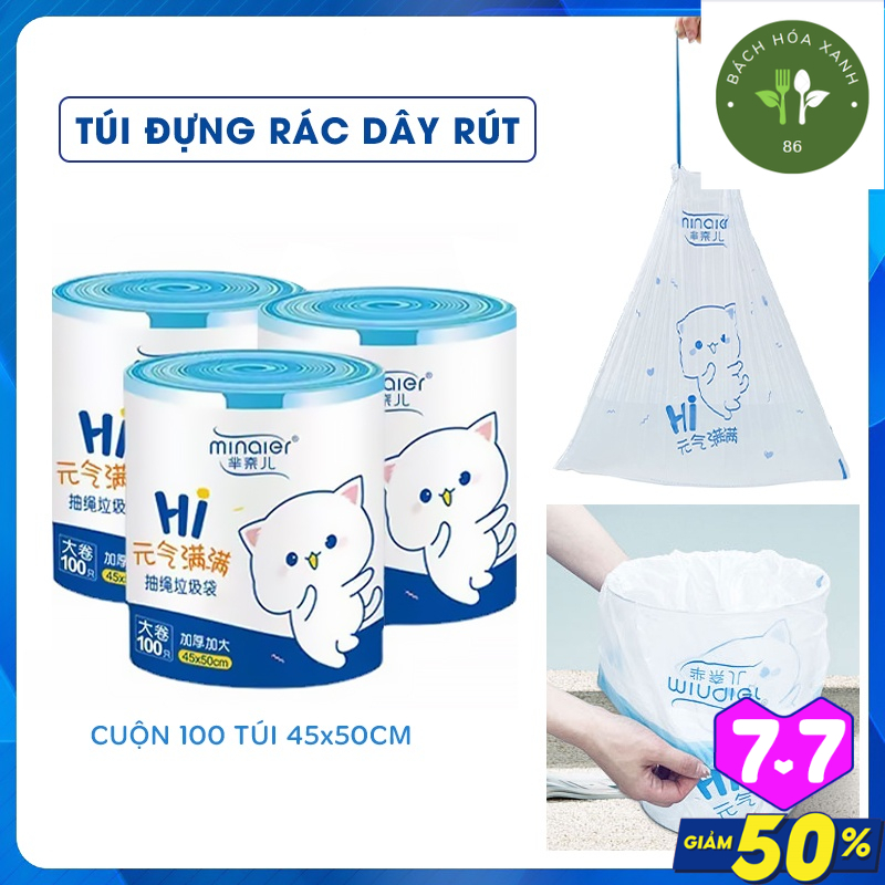 Túi đựng rác dây rút minaier tiện lợi chống rò rỉ nước, túi đựng rác cuộn 100 túi siêu dai kích thước 45*50cm