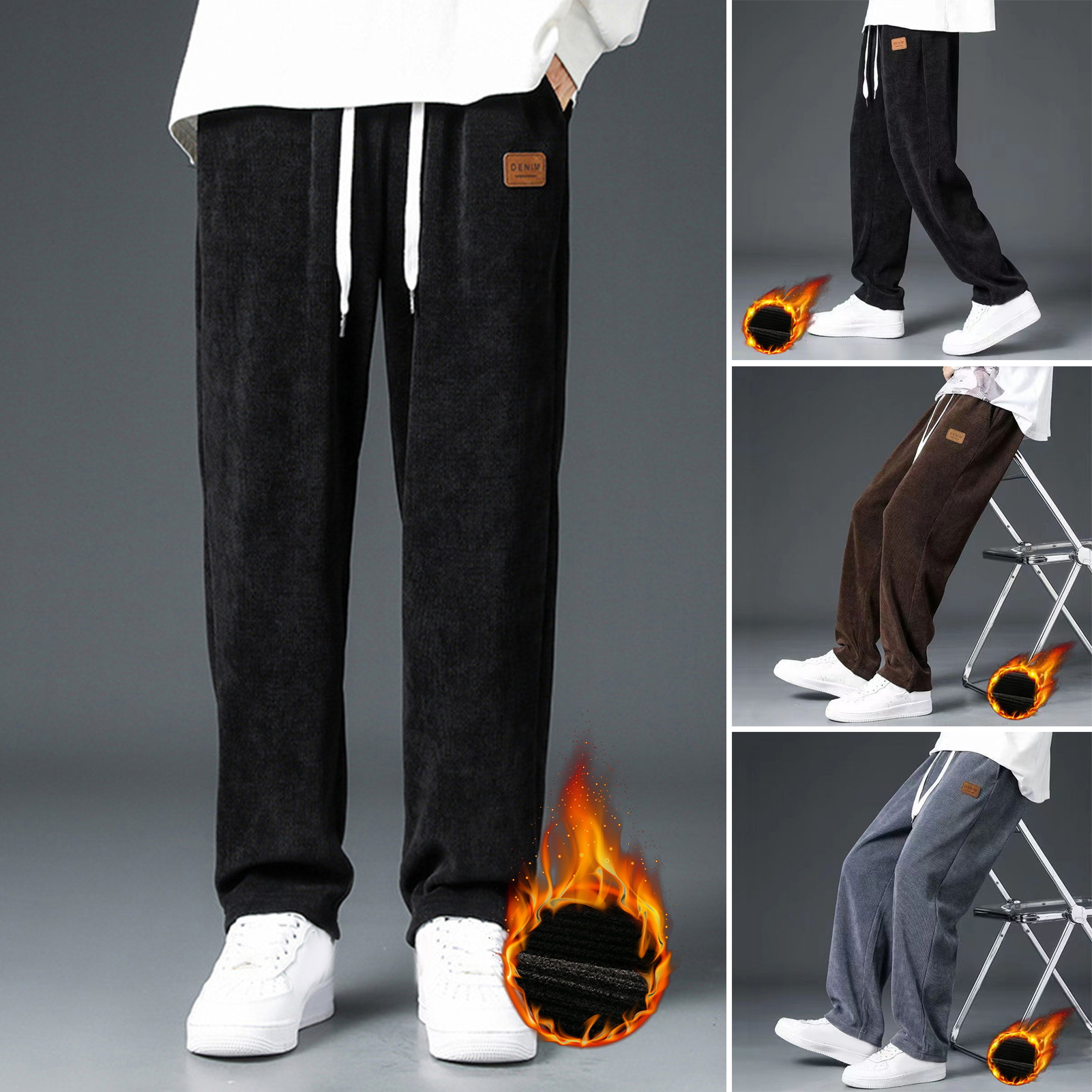 GMBI Adjustable Waistline Pants Drawstring Fleece Pants Cozy Men's Plush Wide Leg Pants with Drawstring Waist Warm and Winter Trousers for Men