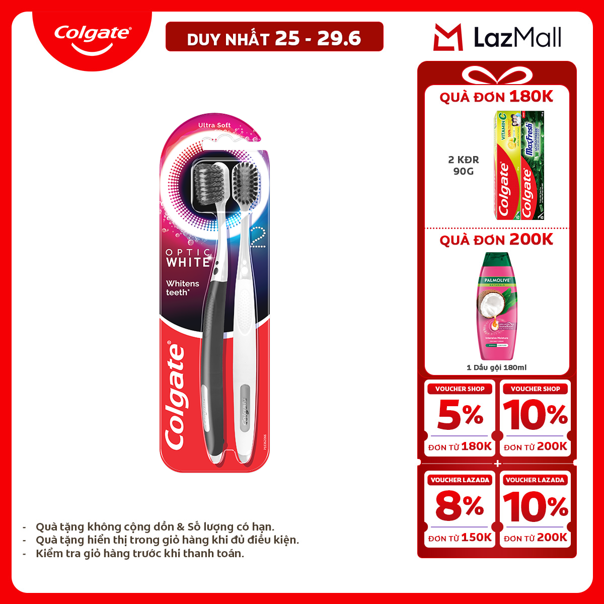 [Chỉ 25-29.6_X2 Voucher giảm đến 20%] Bàn chải Colgate trắng răng Optic White với lông chải 2 tầng sạch vượt trội
