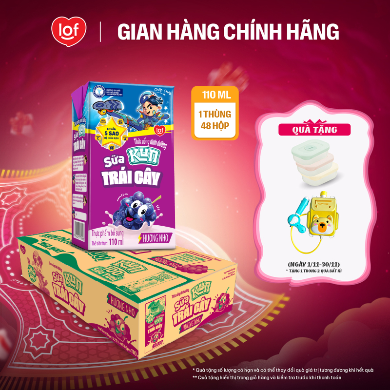 Sữa trái cây KUN vị nho thùng 48 hộp x 110ml