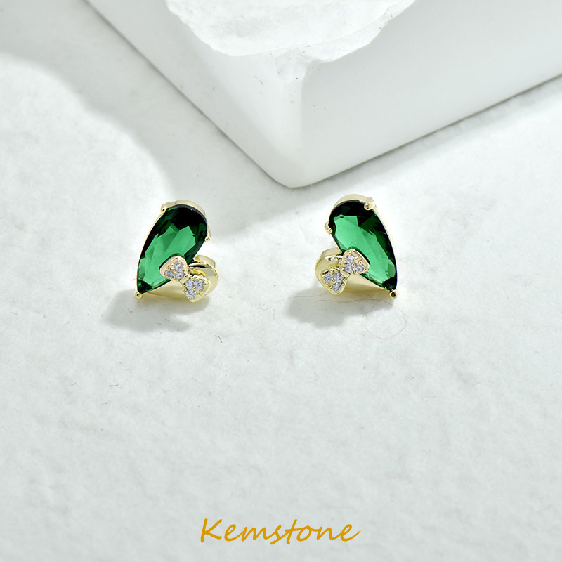 Kemstone Fashion S925 Post Gold Plated Bow Green Purple Pink Zircon Splice Heart Stud Earrings for Women Jewelry Gift ราคา 281 บาท*ส่งฟรี